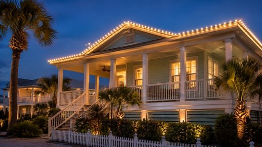 Christmas light installation in Galveston